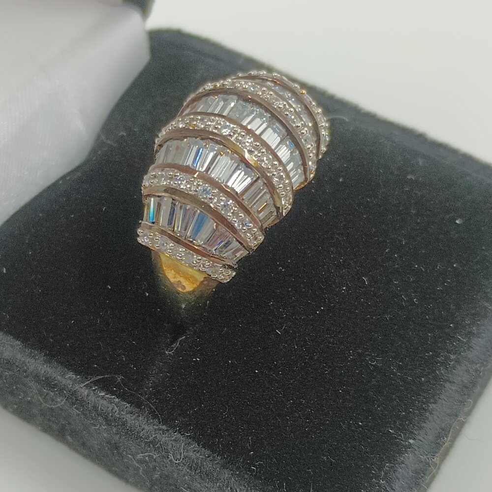 Gold Tone Domed Statement Ring with Baguette and round cut CZs.
